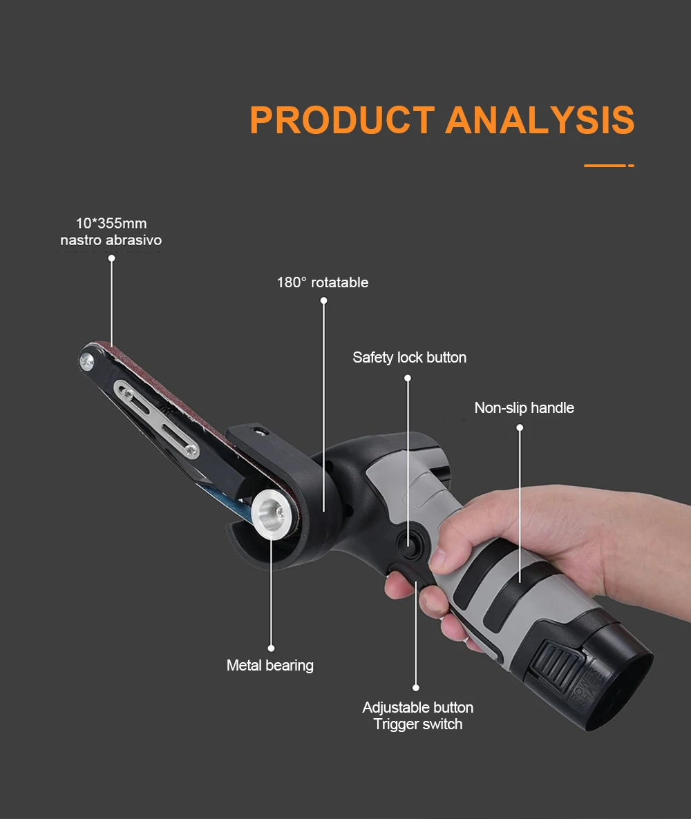 Cordless Belt Sander 180° Adjustable Grinding Head 6500RPM Portable Polishing Machine 10*355mm Sanding Belt For Wood Metal