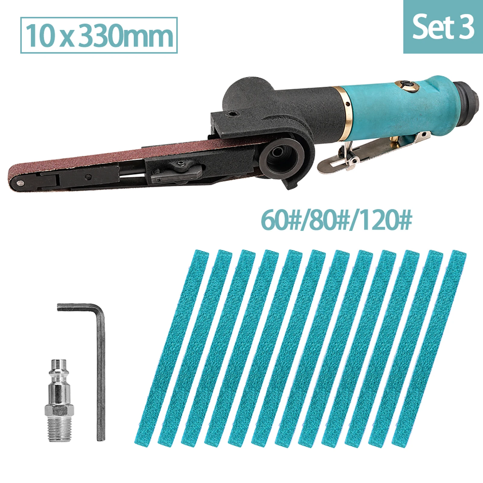 330x10mm Mini Pneumatic Belt Sander Pneumatic Tool with 12pcs Belts 60/80/120 Grit For Aluminium Iron Steel Etc Metal Polishing