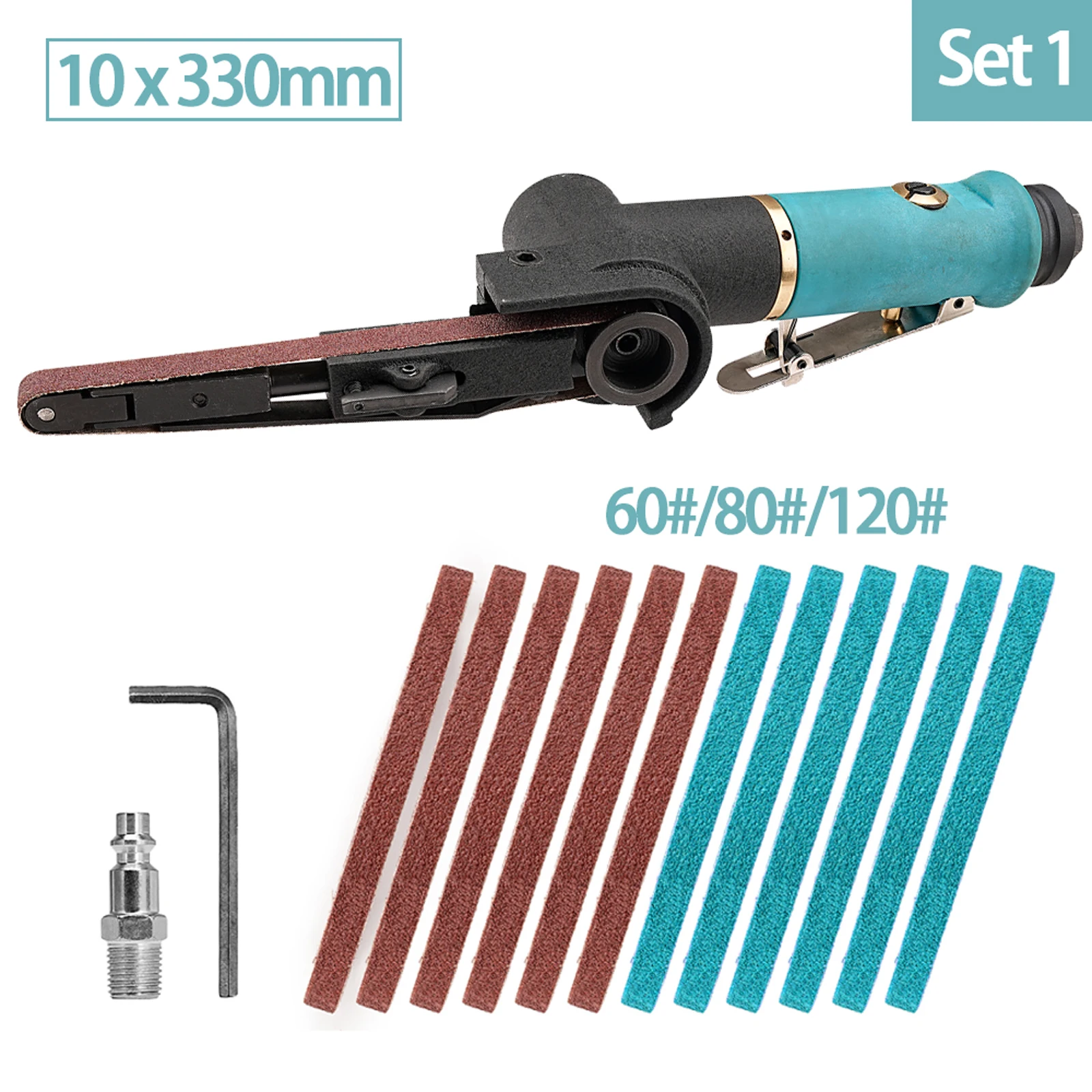 330x10mm Mini Pneumatic Belt Sander Pneumatic Tool with 12pcs Belts 60/80/120 Grit For Aluminium Iron Steel Etc Metal Polishing