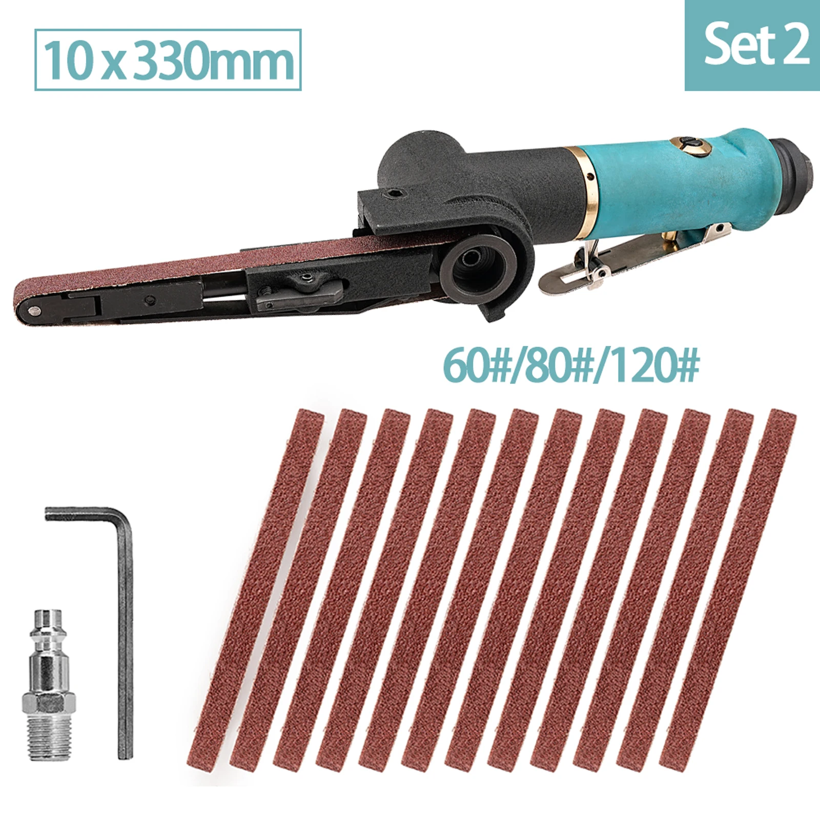 330x10mm Mini Pneumatic Belt Sander Pneumatic Tool with 12pcs Belts 60/80/120 Grit For Aluminium Iron Steel Etc Metal Polishing