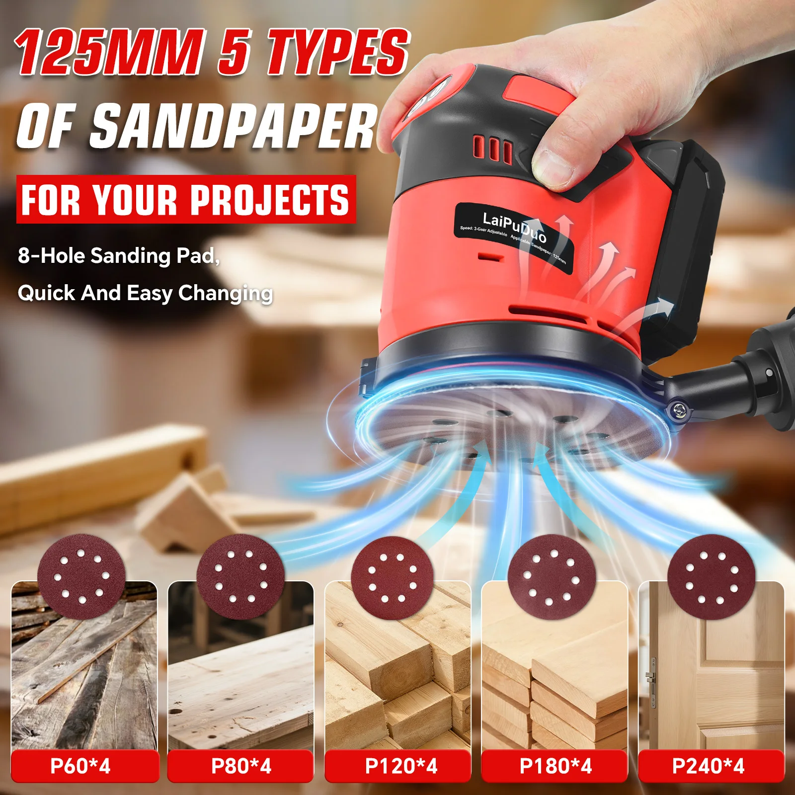 125mm Random Orbital Sander Electric Sanding Grinding Machine 3 Variable Speed Woodworking Power Tools For Milwaukee 18V Battery