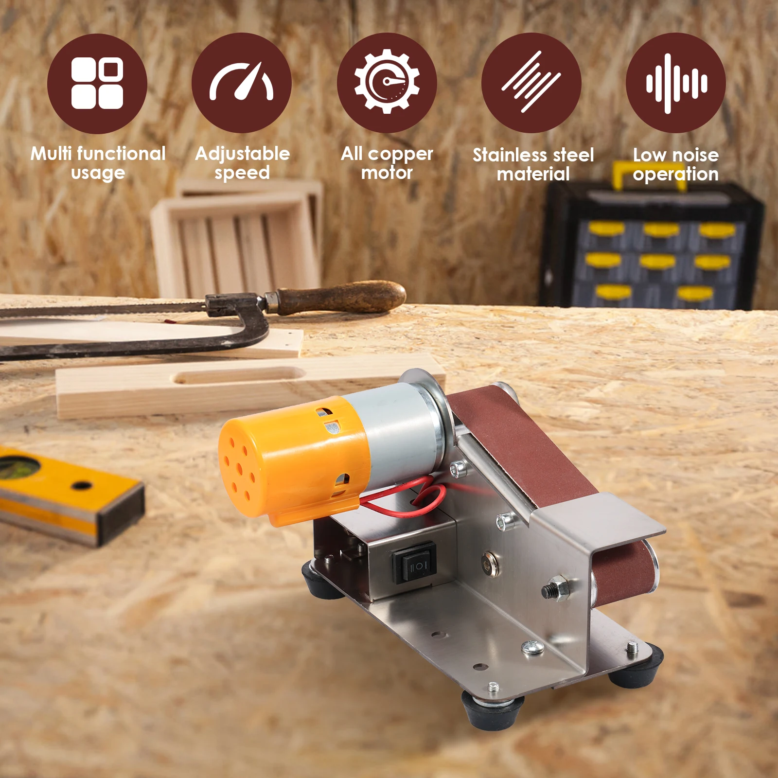 Mini Belt Sander US 15 Degree Stainless Steel Electric Belt Grinder 7 Adjustable Speed Electric Polishing Sanding Machine