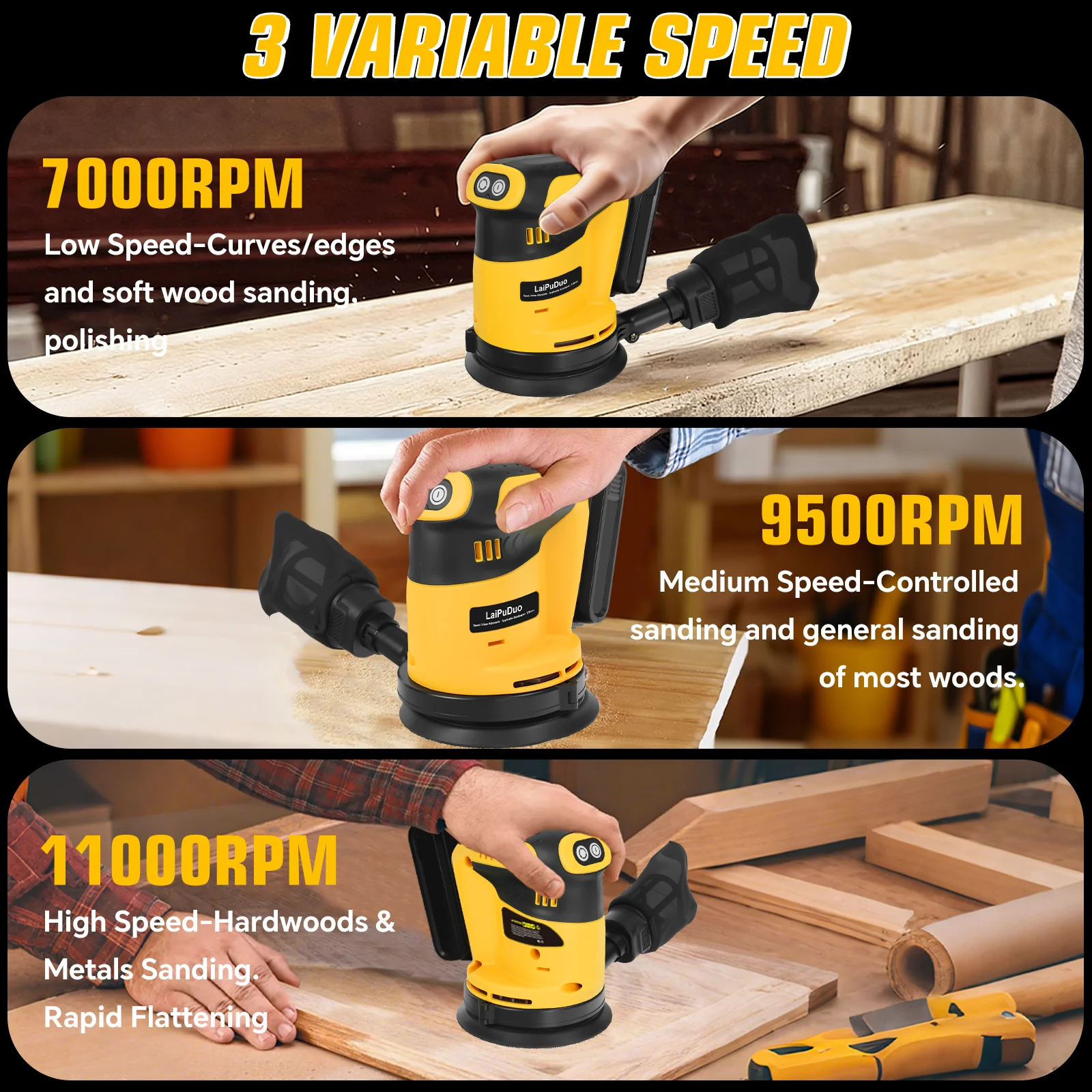125mm Random Orbital Sander 3-Speed Cordless Electric Sander Woodworking Polishing Sanding Power Tool for Dewalt 20V Battery Pin