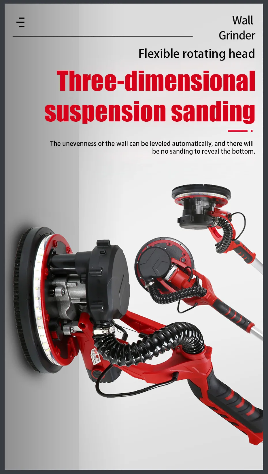 1250W Electric Drywall Sander 225MM Wall Grinding Machine Putty Sandpaper Machine LED Light Long Rod Grinding Wall Polishing