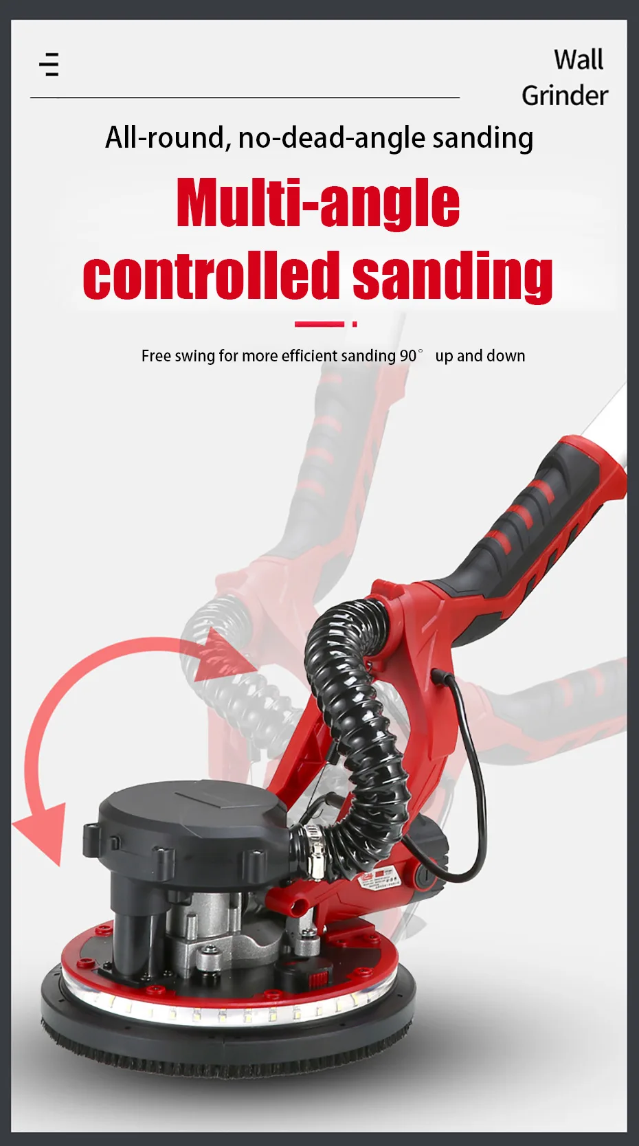 1250W Electric Drywall Sander 225MM Wall Grinding Machine Putty Sandpaper Machine LED Light Long Rod Grinding Wall Polishing