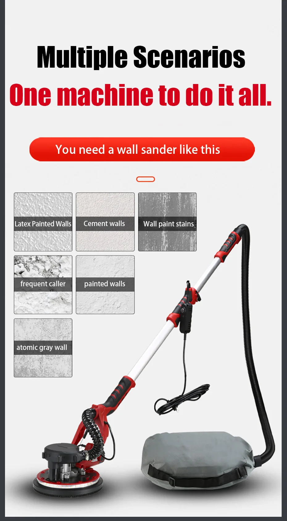 1250W Electric Drywall Sander 225MM Wall Grinding Machine Putty Sandpaper Machine LED Light Long Rod Grinding Wall Polishing