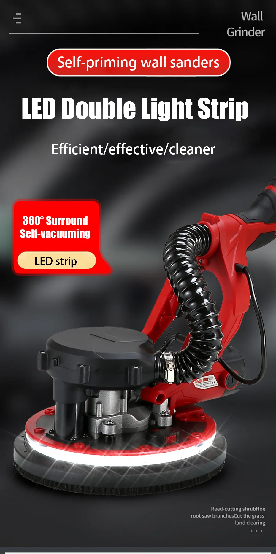 1250W Electric Drywall Sander 225MM Wall Grinding Machine Putty Sandpaper Machine LED Light Long Rod Grinding Wall Polishing