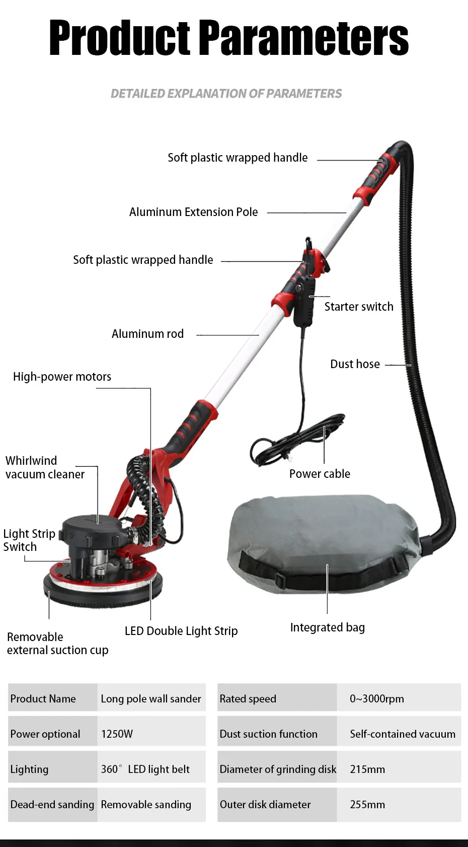 1250W Electric Drywall Sander 225MM Wall Grinding Machine Putty Sandpaper Machine LED Light Long Rod Grinding Wall Polishing