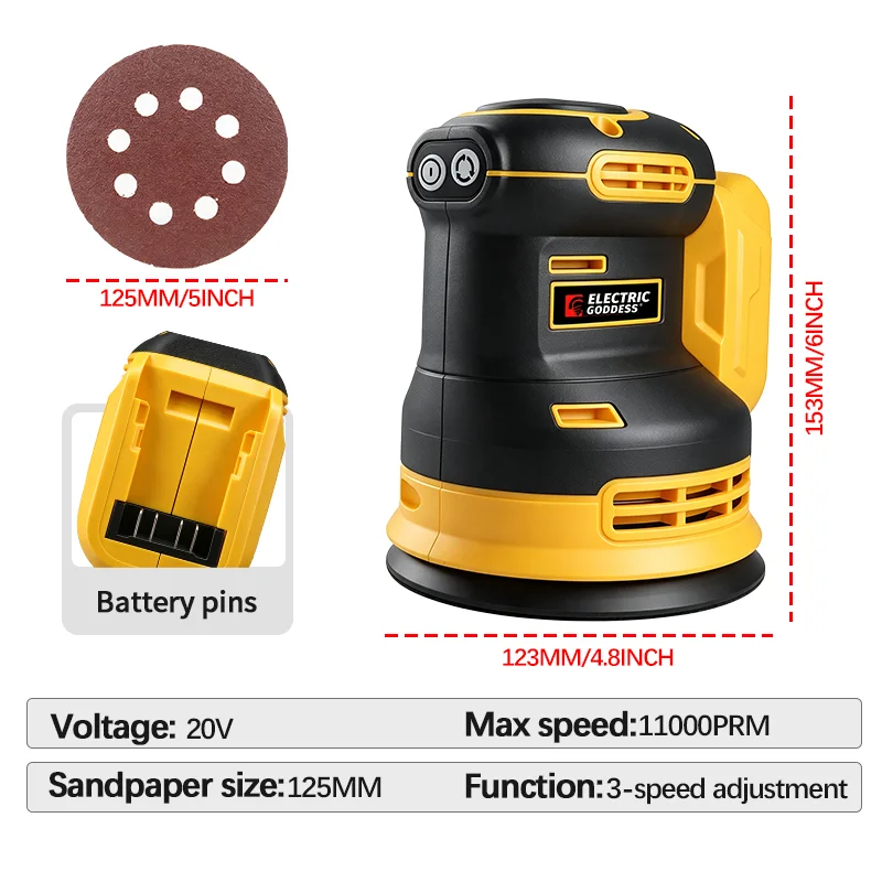 Electric Goddess Brushless Sander Disc 11000rpm Cordless 3 Gear Woodworking Sanding Putty Polishing For Dewalt 20V Battery Pin