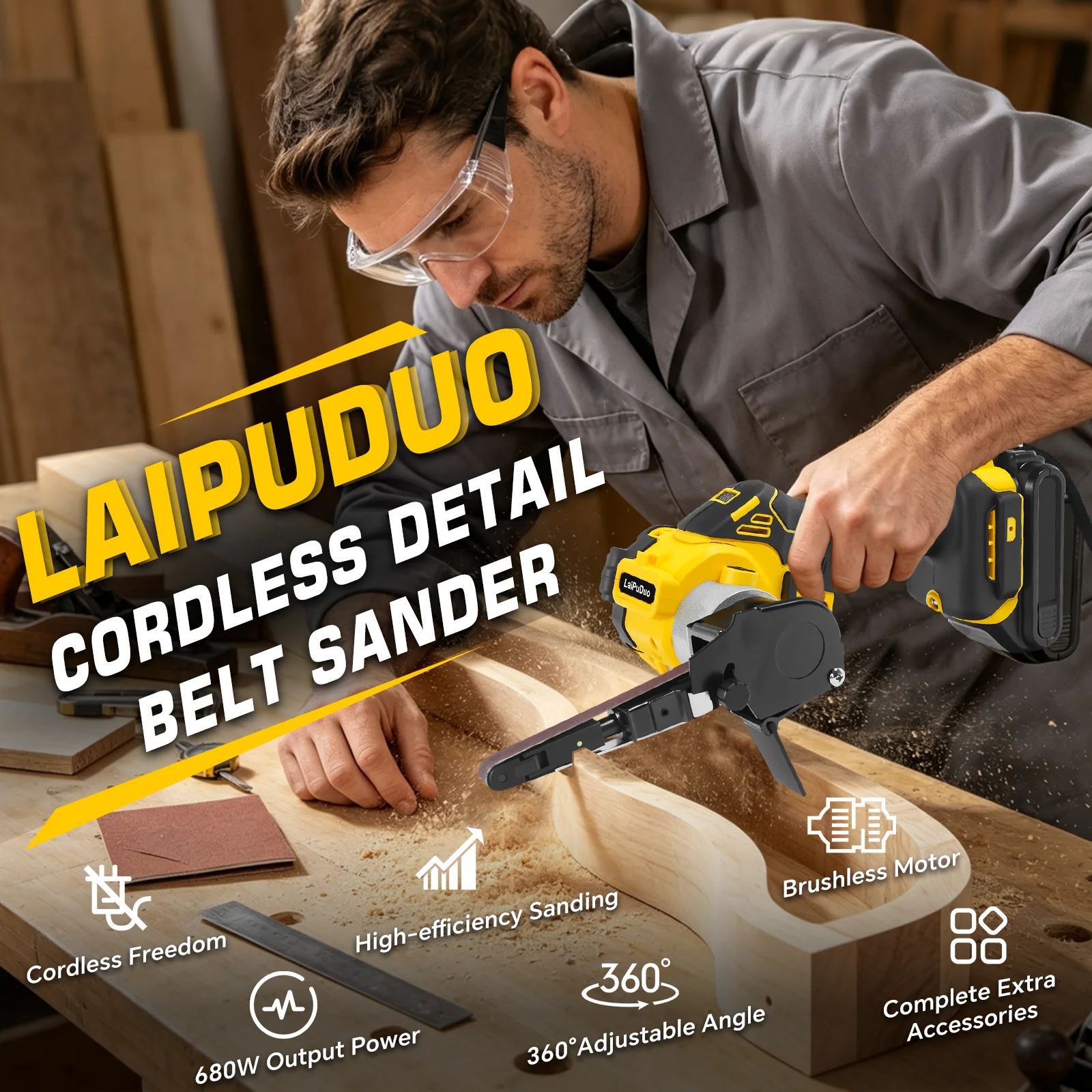 Cordless Detail Belt Sander 680W Brushless Handheld Mini Belt Sander Woodworking Metal Rust Removal For Dewalt 20V Battery Pin