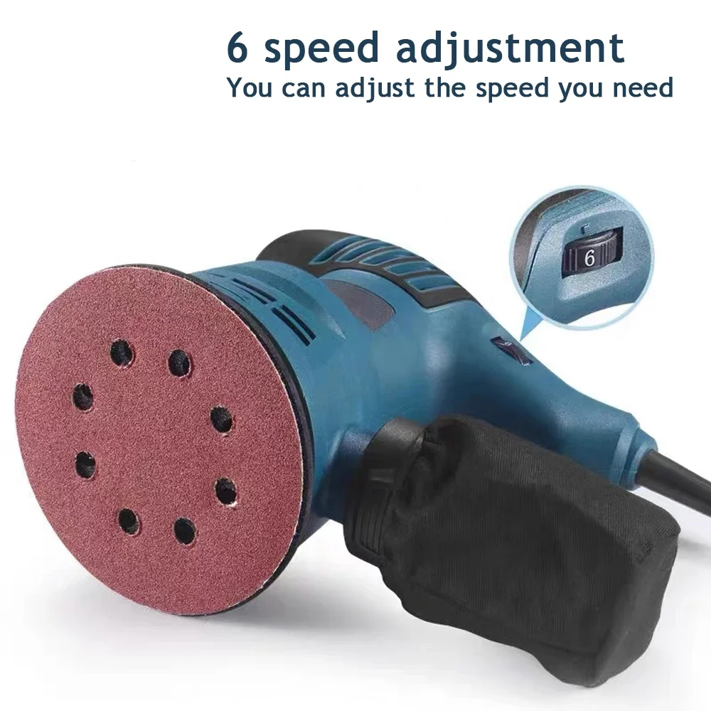 300W Powerful Electric Eccentric Sander 125mm 5 Inch 6 Speed Adjustment Wood Sanding Polisher Portable Car Polishing Machine Wit