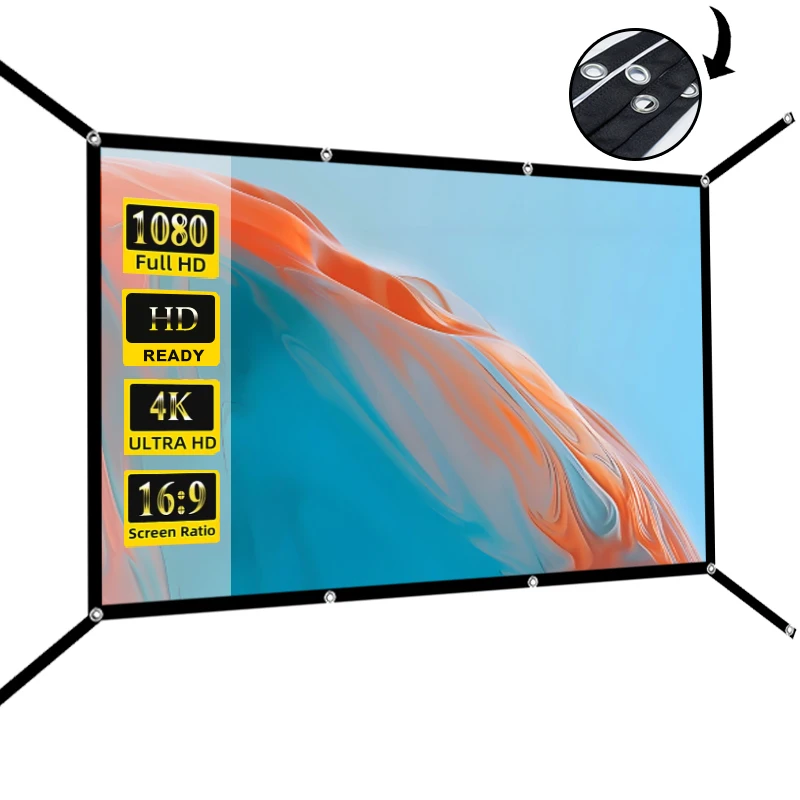 16: 9 Portable Foldable White Soft Screen, 60-150 Inch High-Definition Wall Mounted Extended Projection Screen