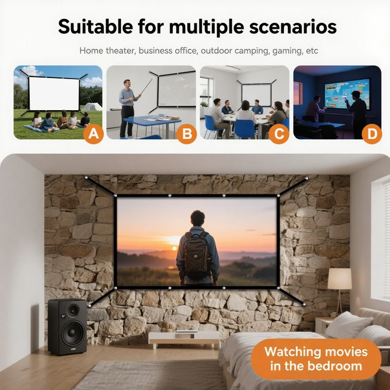16: 9 Portable Foldable White Soft Screen, 60-150 Inch High-Definition Wall Mounted Extended Projection Screen