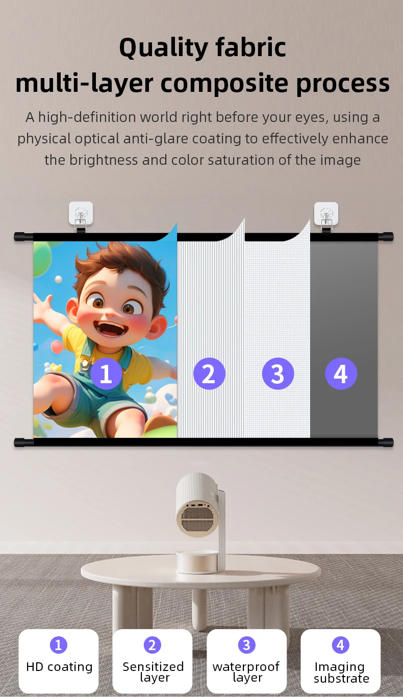 Anti Light Gray Projection Screen No Punch Wall Mount 60/72/84/100/120 Inch Wide View Angle 4K Home Cinema Projector Curtain
