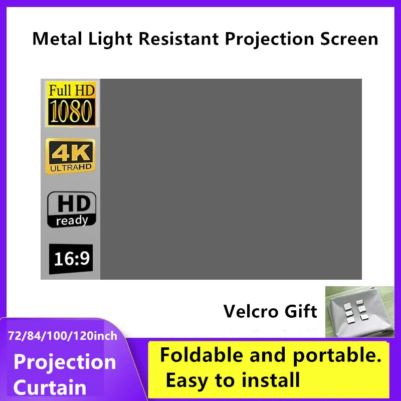 XIAOHUI Projector Screen Simple 16:9 Anti-Light Curtain 60/72/84/100/110/120/133/150 Inches Home Outdoor Office Portable 3d HD