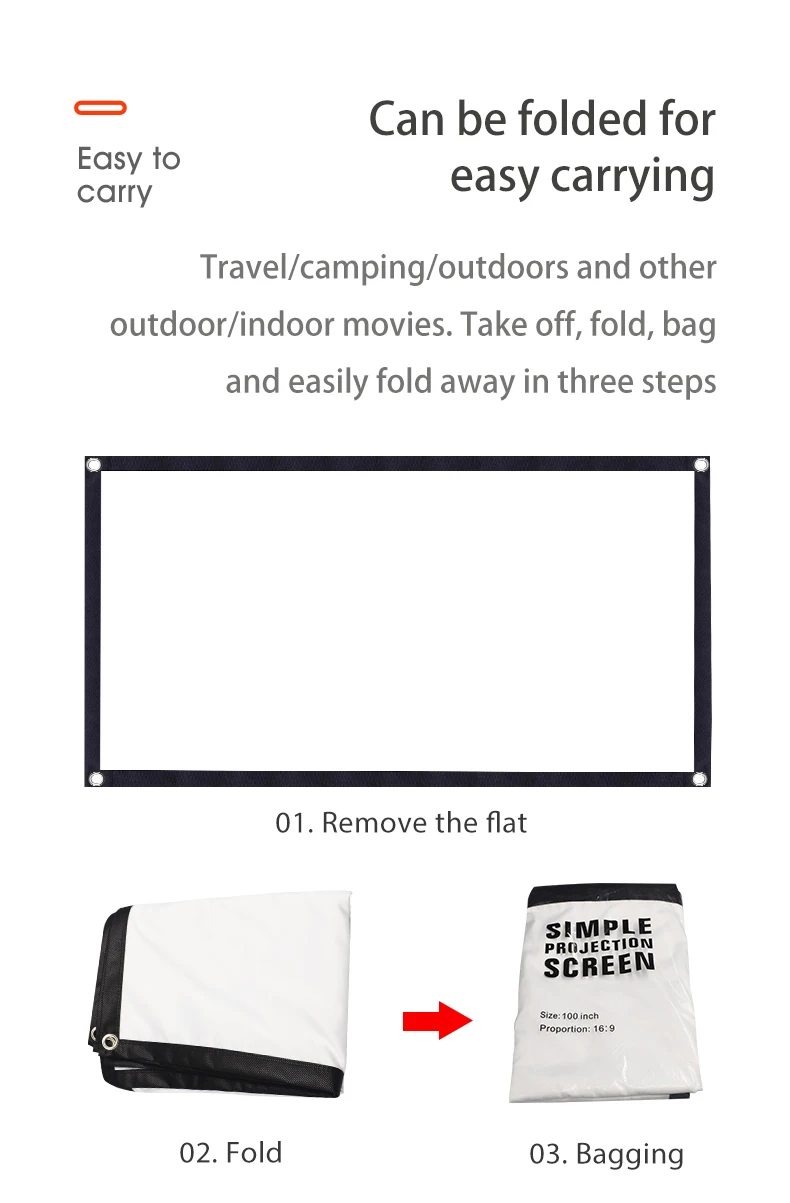 60-200 Inch Portable Foldable Projector Screen High Density White Less Creases Soft Projection Screen 16:9 Indoor Outdoor