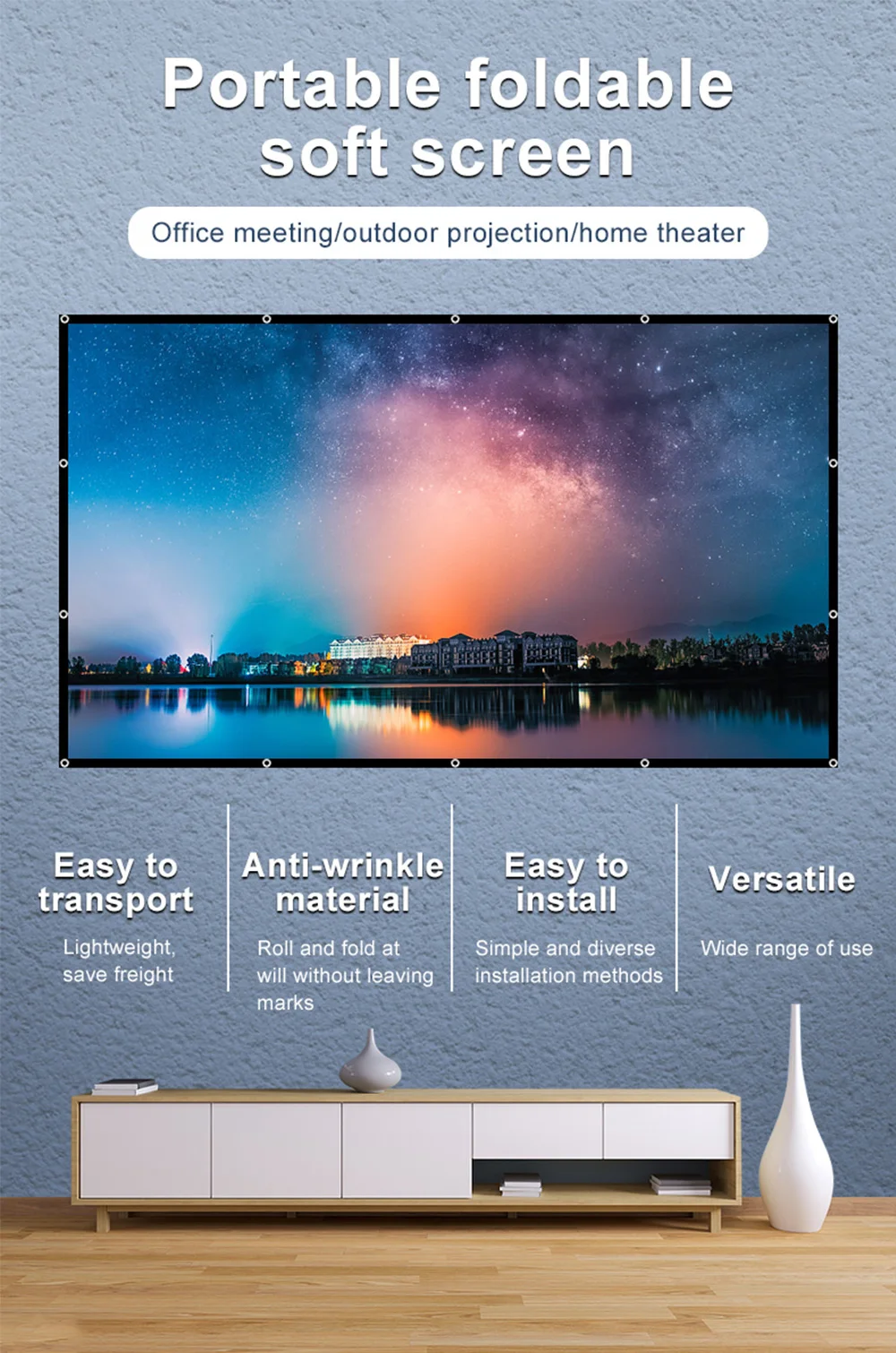 LEJIADA 16:9 High Density Projector Screen White Black Border With Holes Anti-Crease Portable Foldable Outdoor Movie 60-200 inch