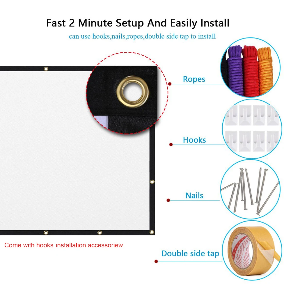 LEJIADA Projector Screen White Anti-Crease 60-200 inch 16:9 Soft High Density Portable Foldable Projection Screen Outdoor Movie