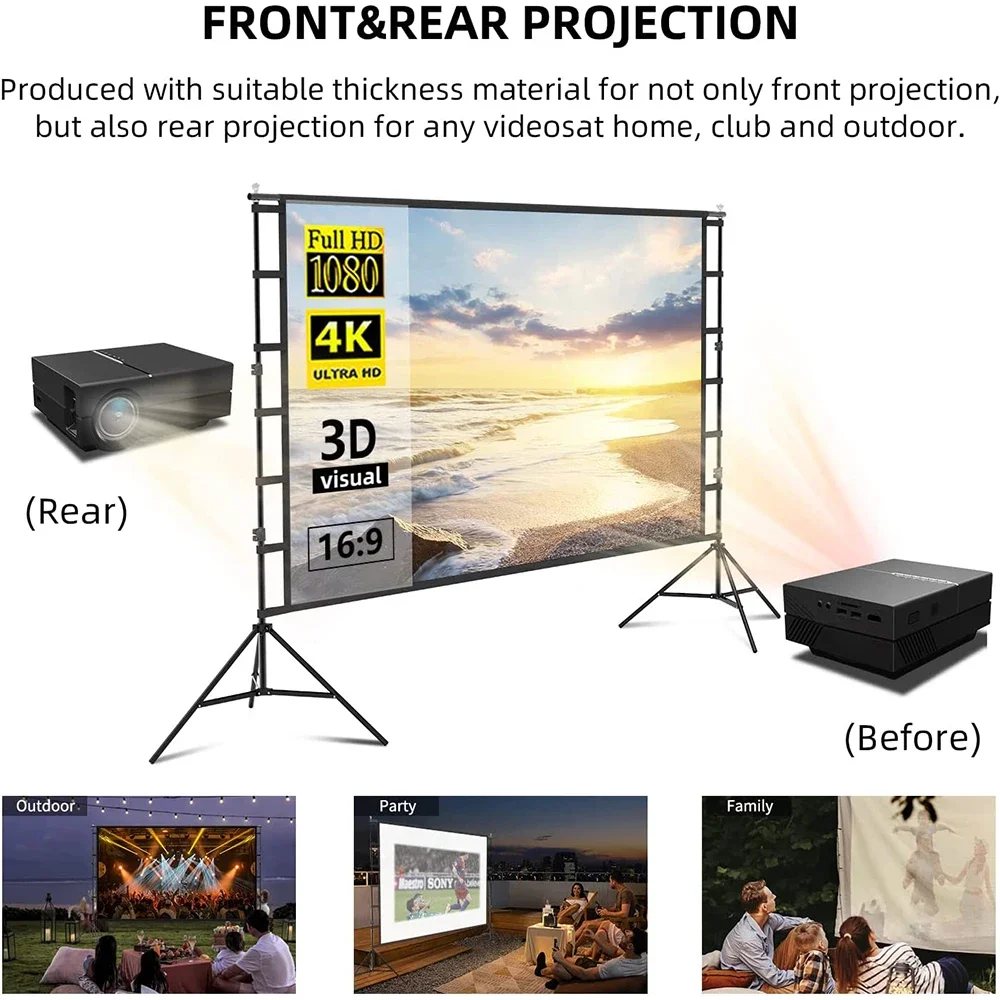 LEJIADA Projector Screen With Stand White Wrinkle-Free 60-150 inch 160° Viewing Angle Double Sided Screen Home Theater Outdoor