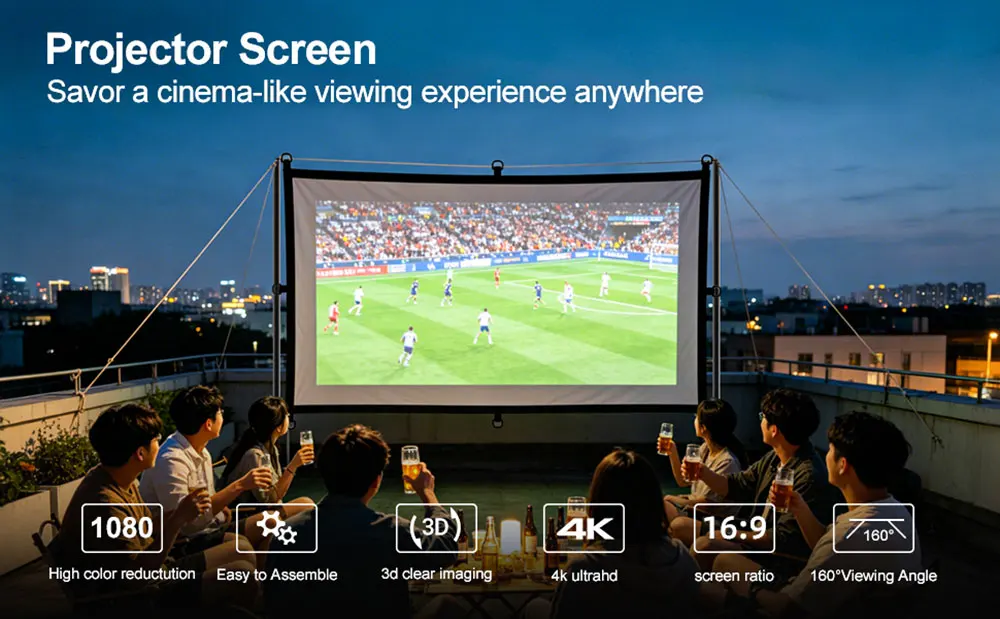 MIXITO Foldable Soft Movie Screen D‑Ring & Hook & Loop Mount, High‑Density 16:9 Projector Screen, for Home Theater Outdoor Party