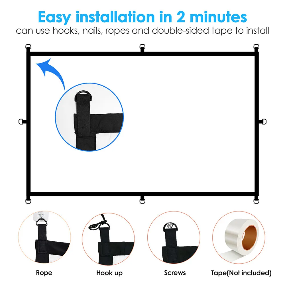 MIXITO Foldable Soft Movie Screen D‑Ring & Hook & Loop Mount, High‑Density 16:9 Projector Screen, for Home Theater Outdoor Party