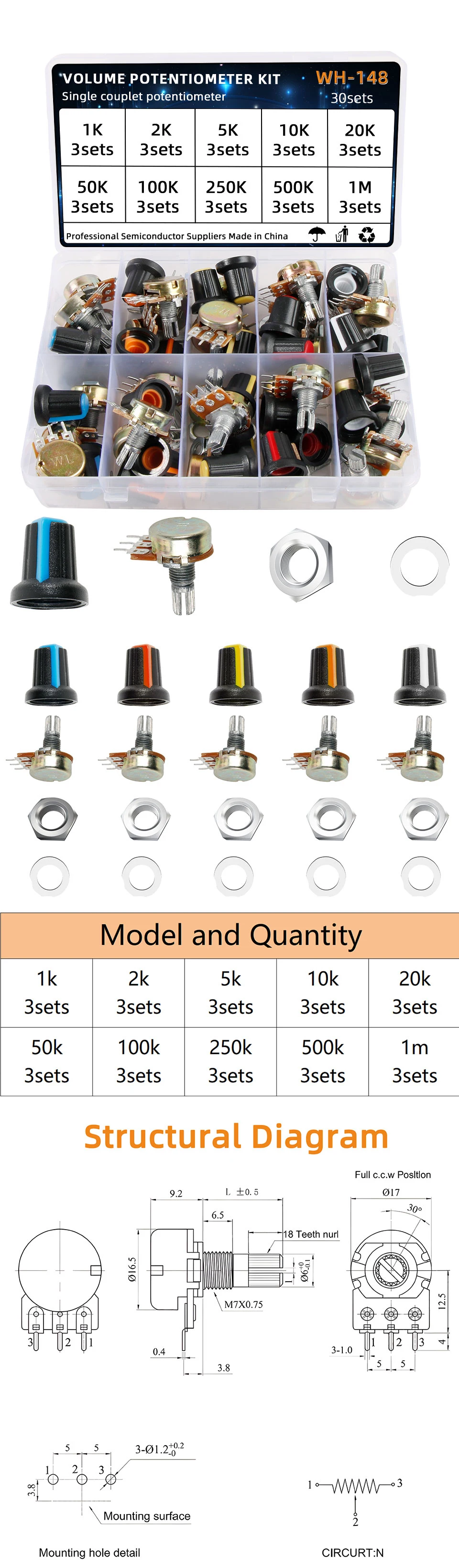 30sets WH148 Potentiometer Assortment Kit Variable Resistors With Nuts And Washers 1k 10k 50k 500k 1M