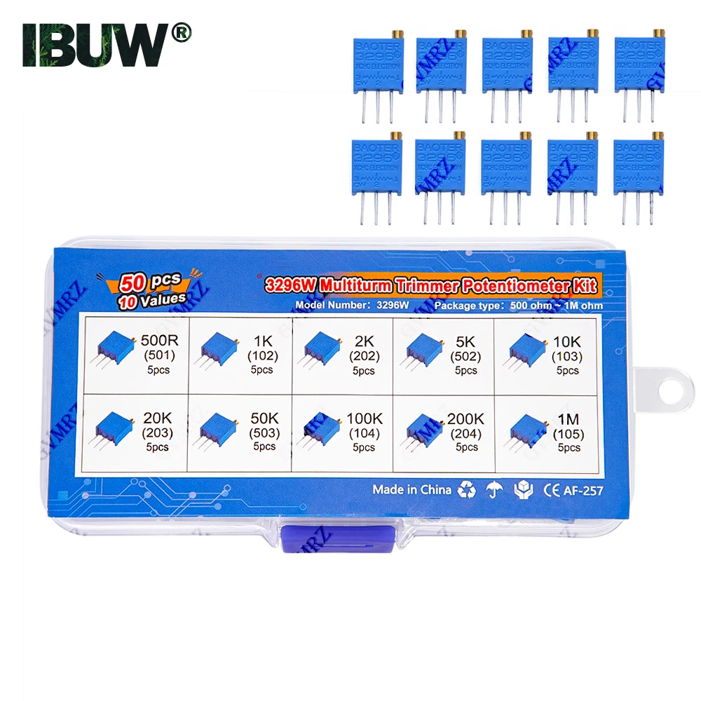 50PCS 10Values 3296W Multiturn Trimmer Potentiometer Kit (500Ω-1MΩ) in Box for Precision Circuit Tuning & Electronics DIY