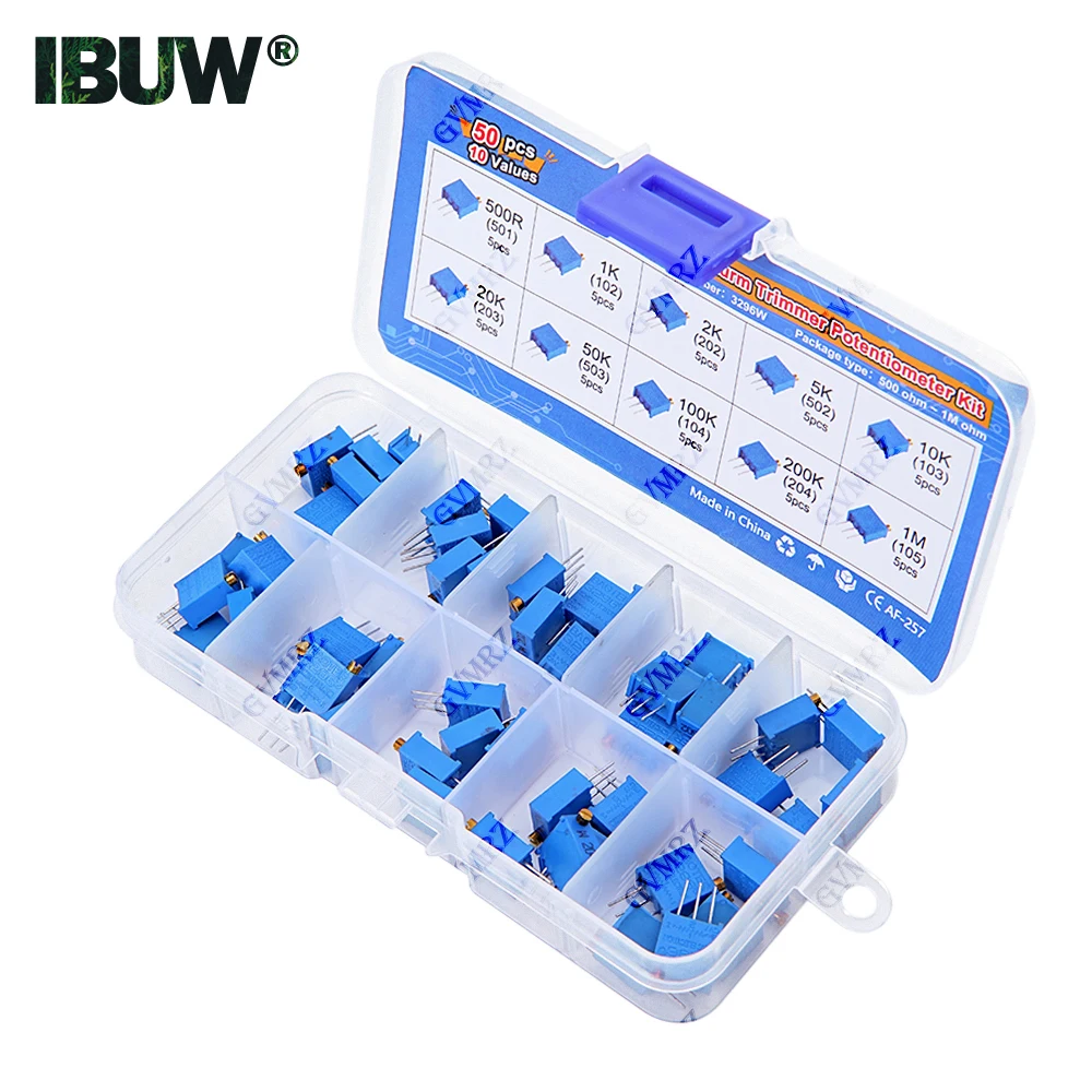 50PCS 10Values 3296W Multiturn Trimmer Potentiometer Kit (500Ω-1MΩ) in Box for Precision Circuit Tuning & Electronics DIY
