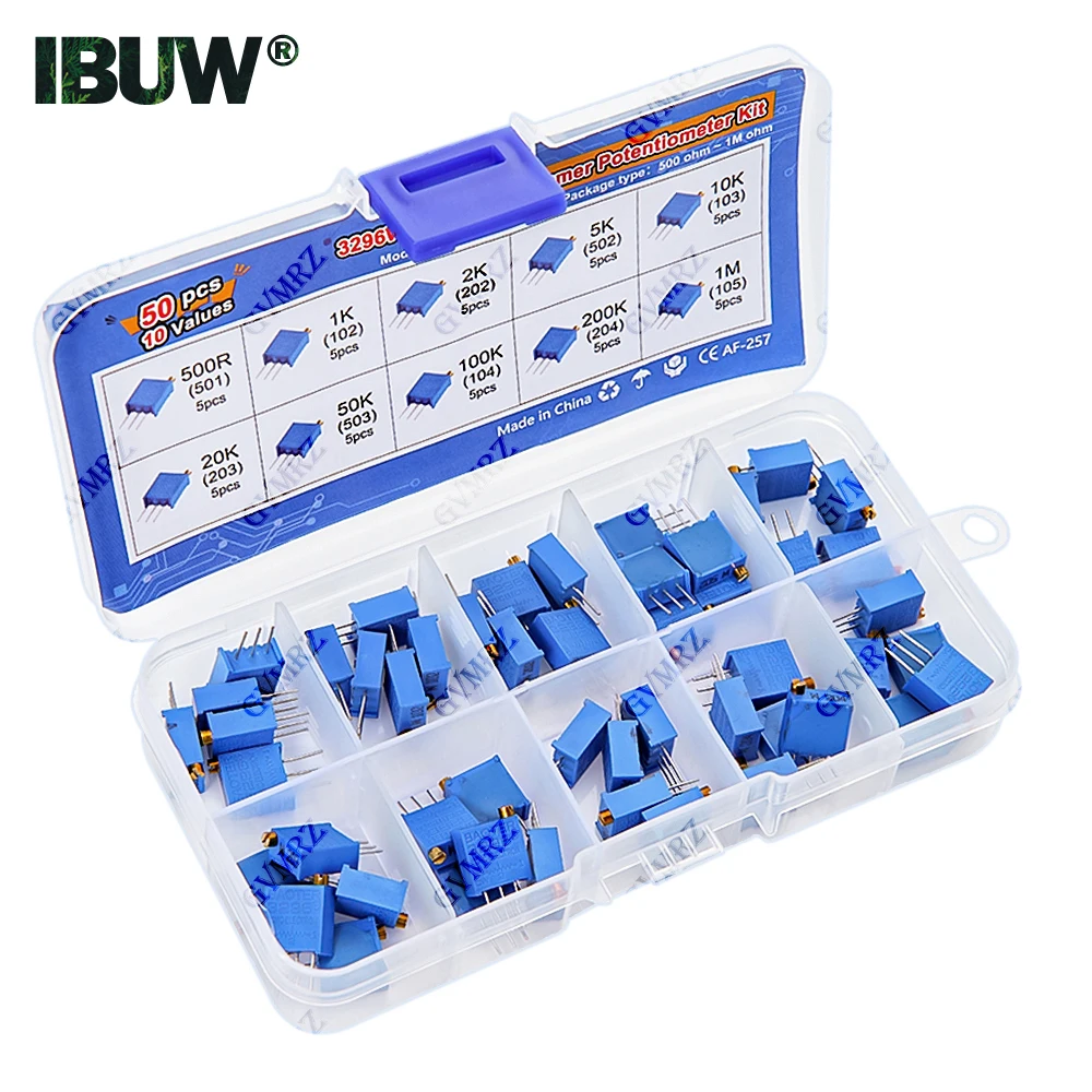50PCS 10Values 3296W Multiturn Trimmer Potentiometer Kit (500Ω-1MΩ) in Box for Precision Circuit Tuning & Electronics DIY