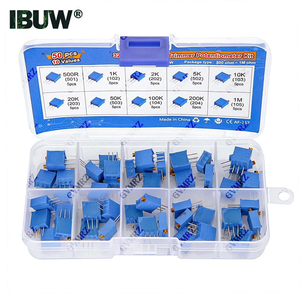 50PCS 10Values 3296W Multiturn Trimmer Potentiometer Kit (500Ω-1MΩ) in Box for Precision Circuit Tuning & Electronics DIY