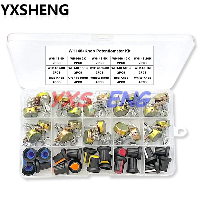 20Sets WH148 15MM Single Potentiometer Kits B1K/2K/5K/10K/20K/50K/100K/250K/500K/1M,With White, Blue Yellow Orange Red Knobs Set