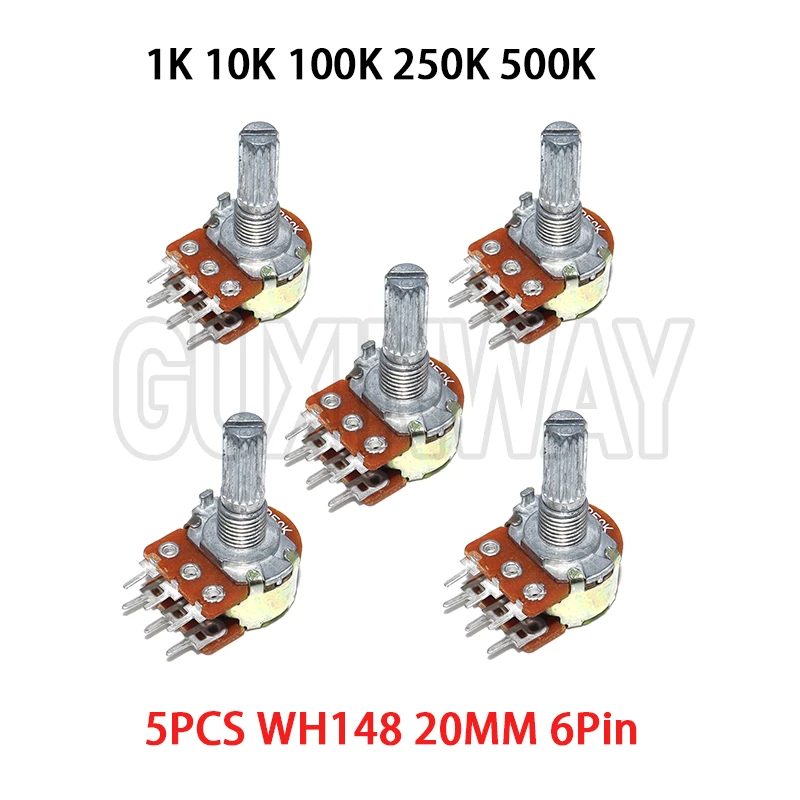 5pcs WH148 20MM 6Pin Dual Potentiometer 1K 2K 5K 10K 20K 50K 100K 250K 1M Ohm Variable Rotary Carbon Film Resistor