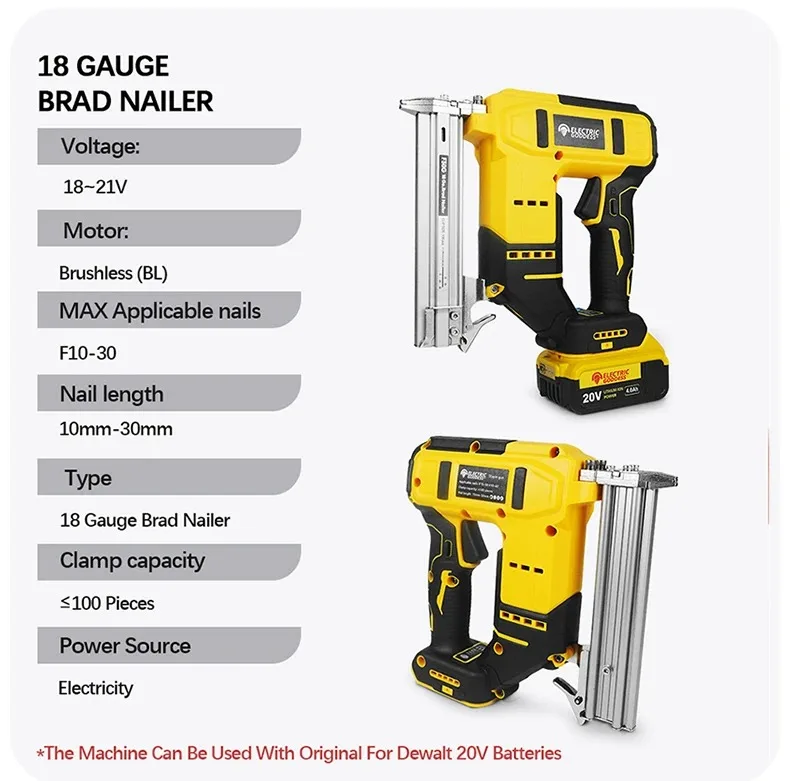 10-30mm Brushless Electric Nail Gun Depth Adjustment Nailer Stapler Cordless Stapler Framing For Dewalt 20V Battery Pin