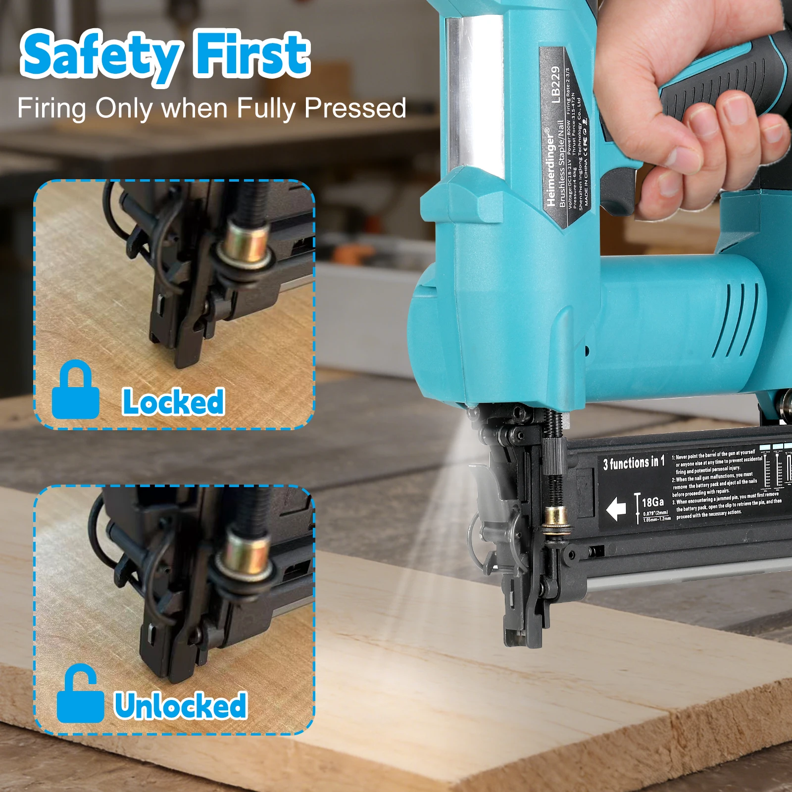 Heimerdinger 18V Brushless Cordless Nail Gun Stapler 800W 3-in-1 Brad Nailer Depth Adjustable Tool No battery