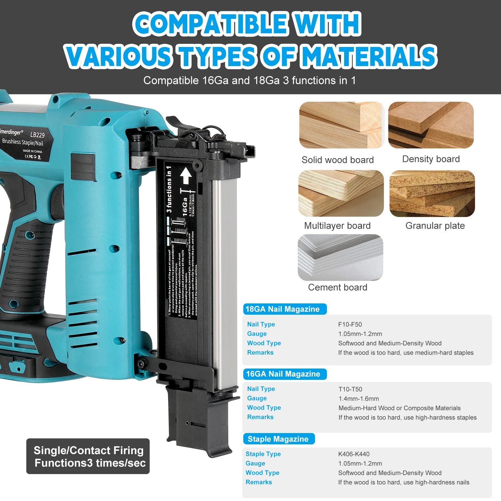 Heimerdinger 18V Brushless Cordless Nail Gun Stapler 800W 3-in-1 Brad Nailer Depth Adjustable Tool No battery