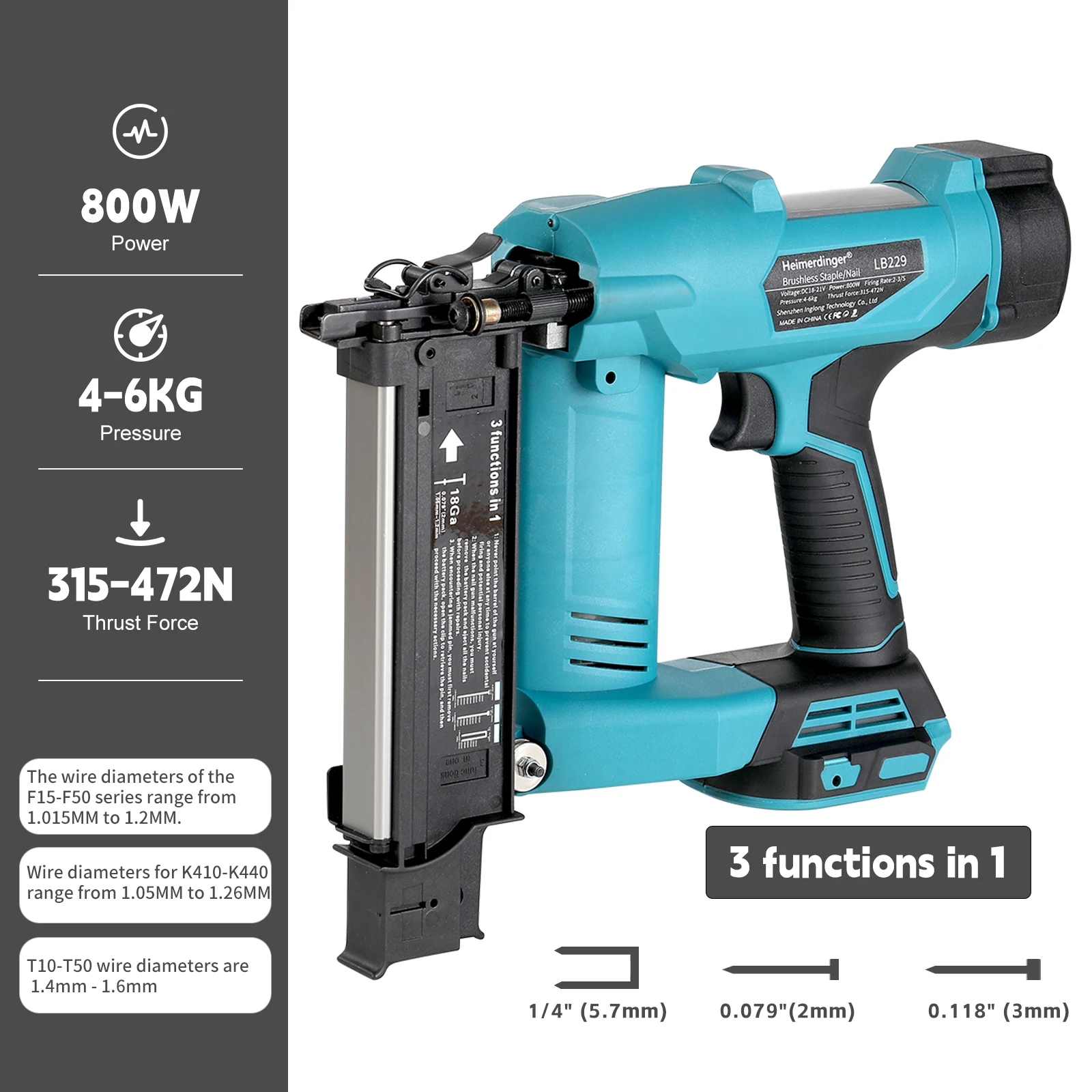 Heimerdinger 18V Brushless Cordless Nail Gun Stapler 800W 3-in-1 Brad Nailer Depth Adjustable Tool No battery