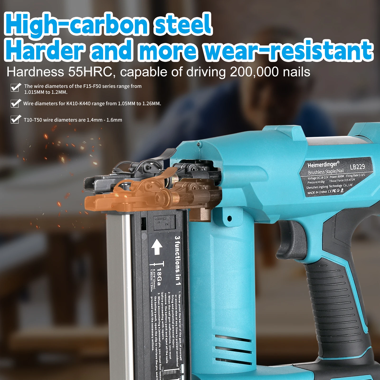 Heimerdinger 18V Brushless Cordless Nail Gun Stapler 800W 3-in-1 Brad Nailer Depth Adjustable Tool No battery
