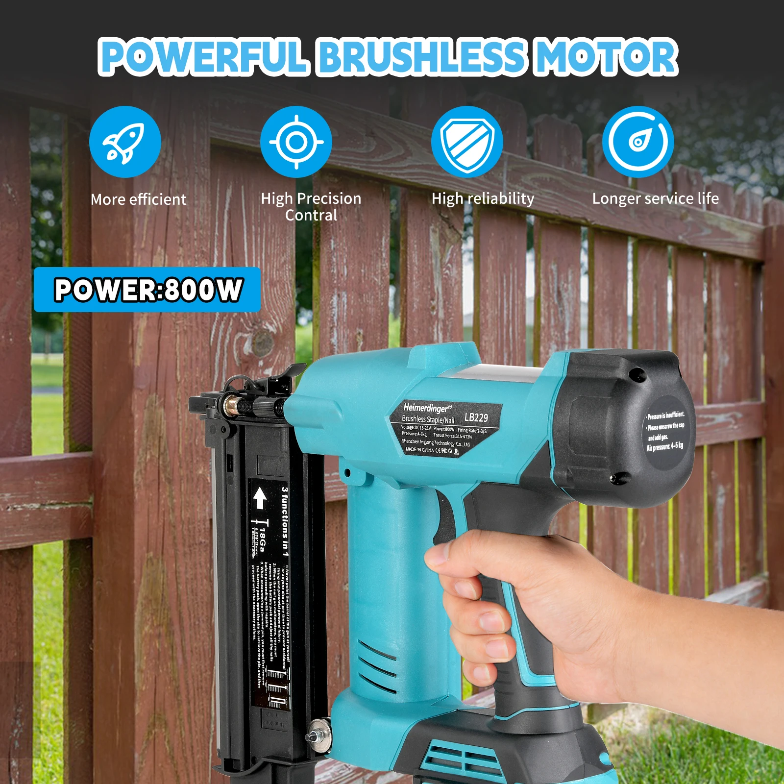 Heimerdinger 18V Brushless Cordless Nail Gun Stapler 800W 3-in-1 Brad Nailer Depth Adjustable Tool No battery