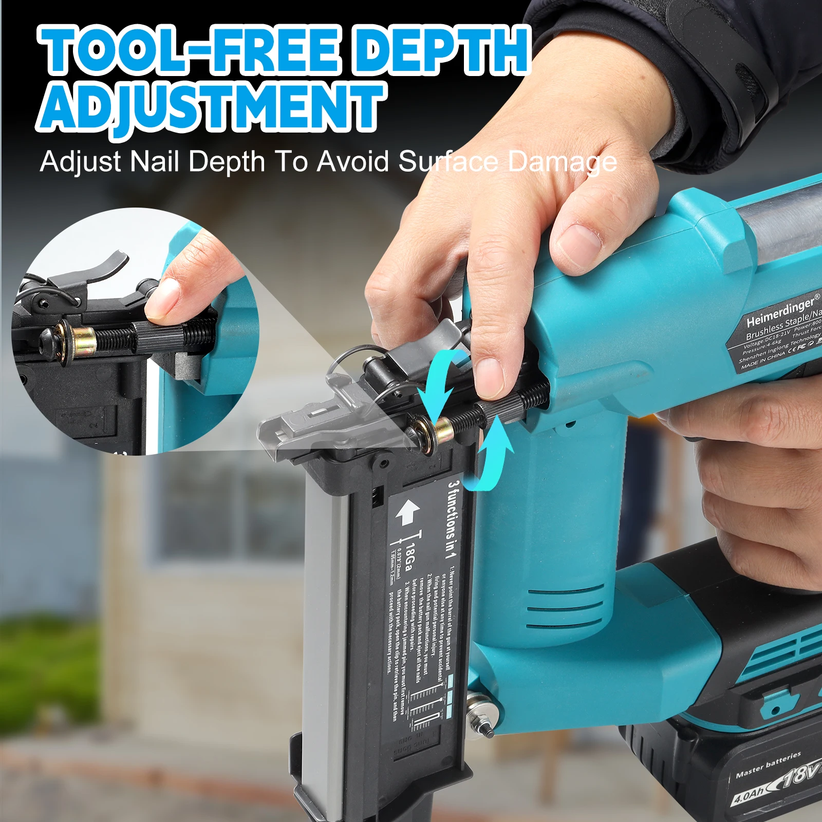 Heimerdinger 18V Brushless Cordless Nail Gun Stapler 800W 3-in-1 Brad Nailer Depth Adjustable Tool No battery