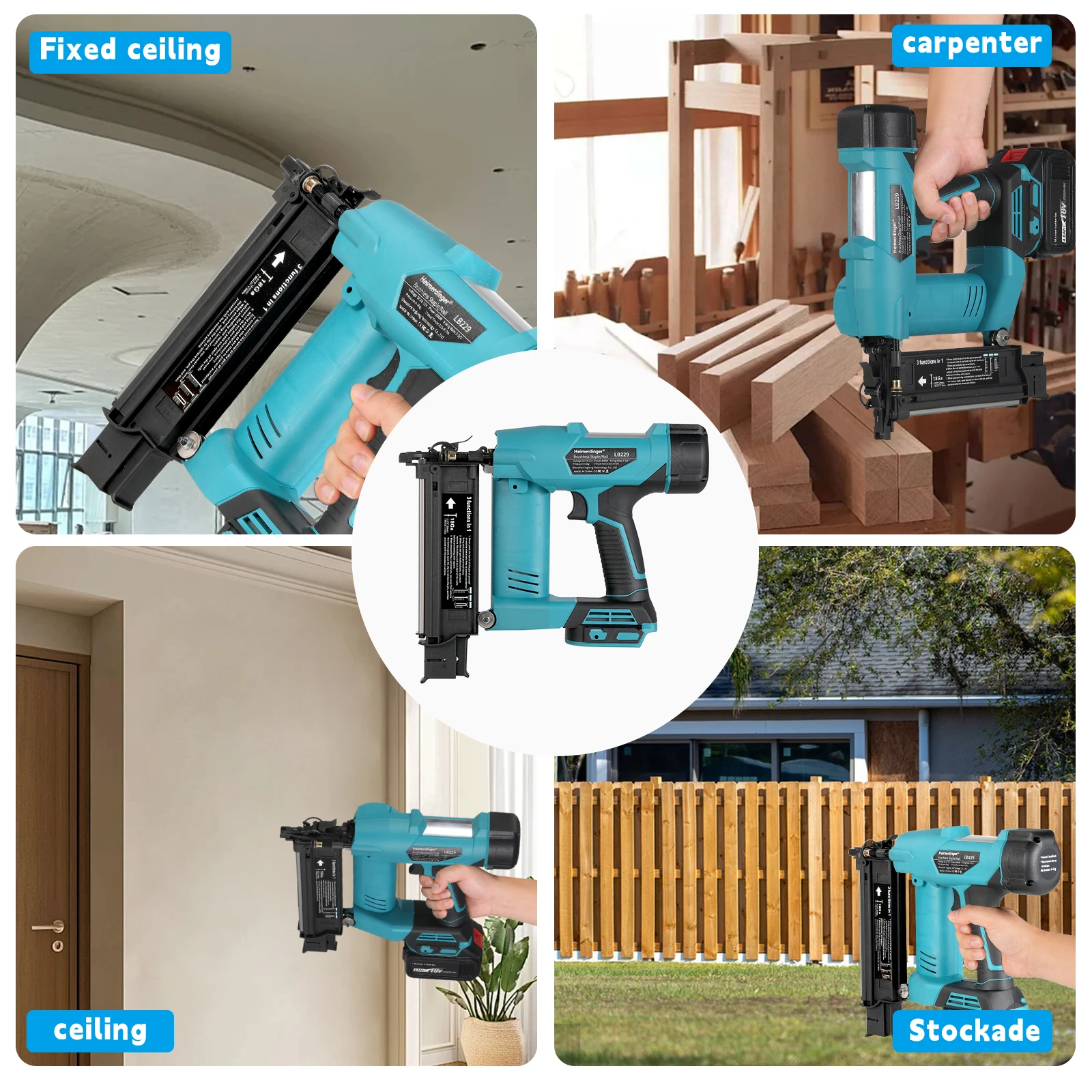 Heimerdinger 18V Brushless Cordless Nail Gun Stapler 800W 3-in-1 Brad Nailer Depth Adjustable Tool No battery
