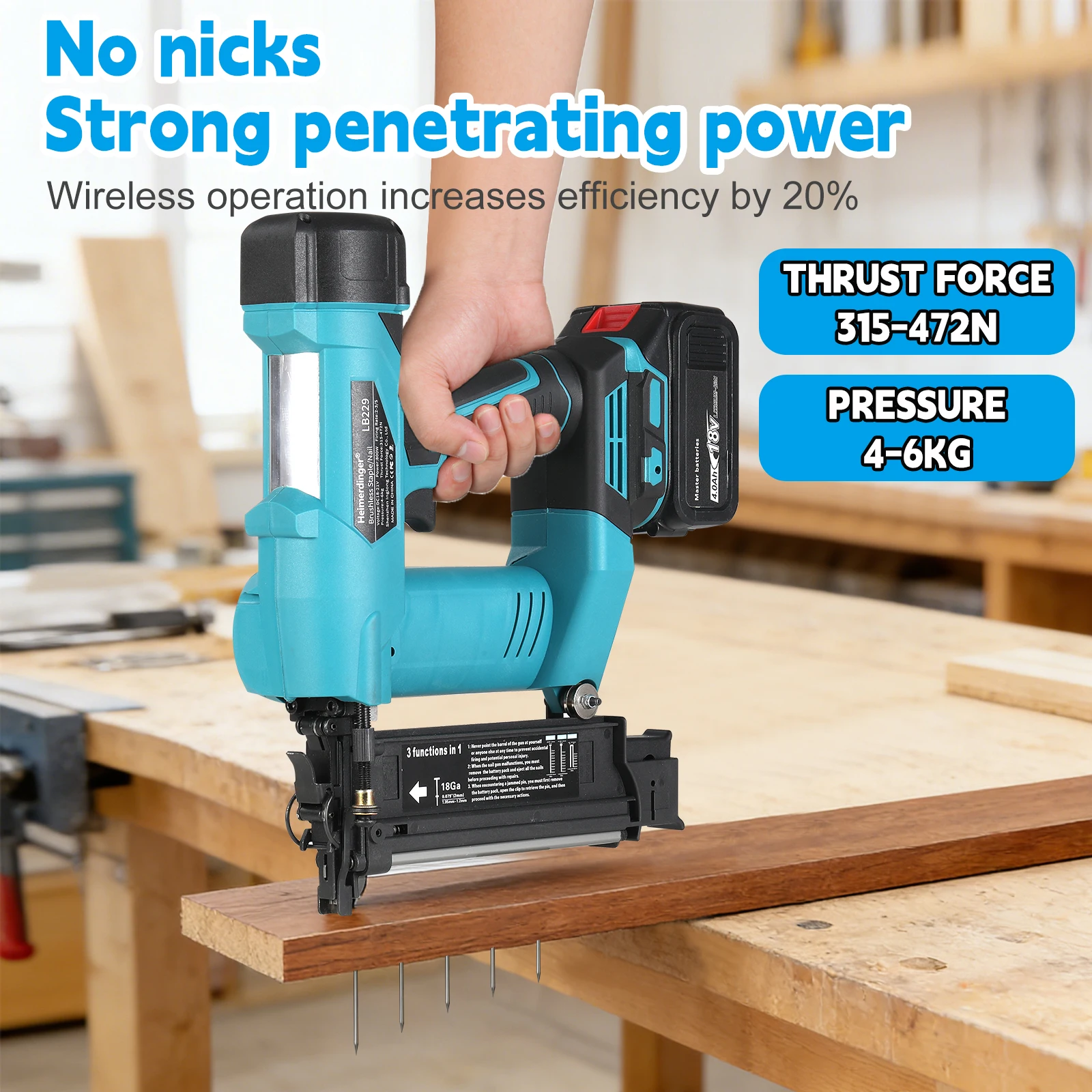Heimerdinger 18V Brushless Cordless Nail Gun Stapler 800W 3-in-1 Brad Nailer Depth Adjustable Tool No battery