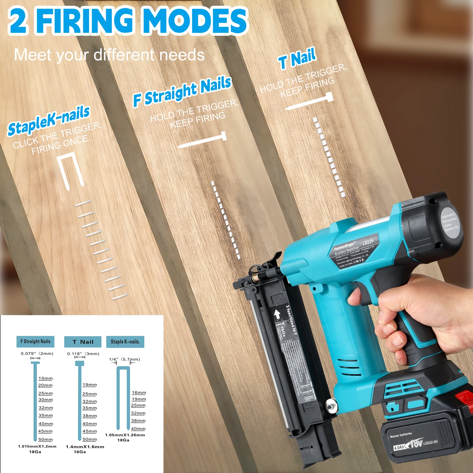 Heimerdinger 18V Brushless Cordless Nail Gun Stapler 800W 3-in-1 Brad Nailer Depth Adjustable Tool No battery