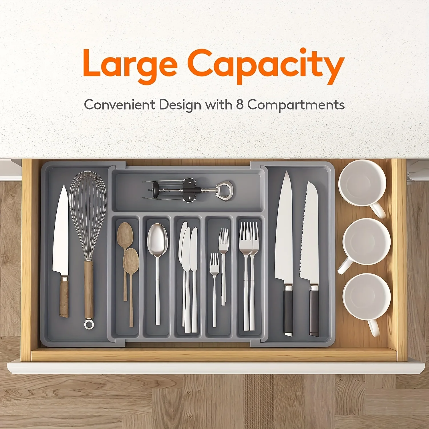 UpgradedAdjustable Cutlery Drawer Organizer Plastic Divided Storage Tray Space Saving Holder for Kitchen Knives Spoons Tableware
