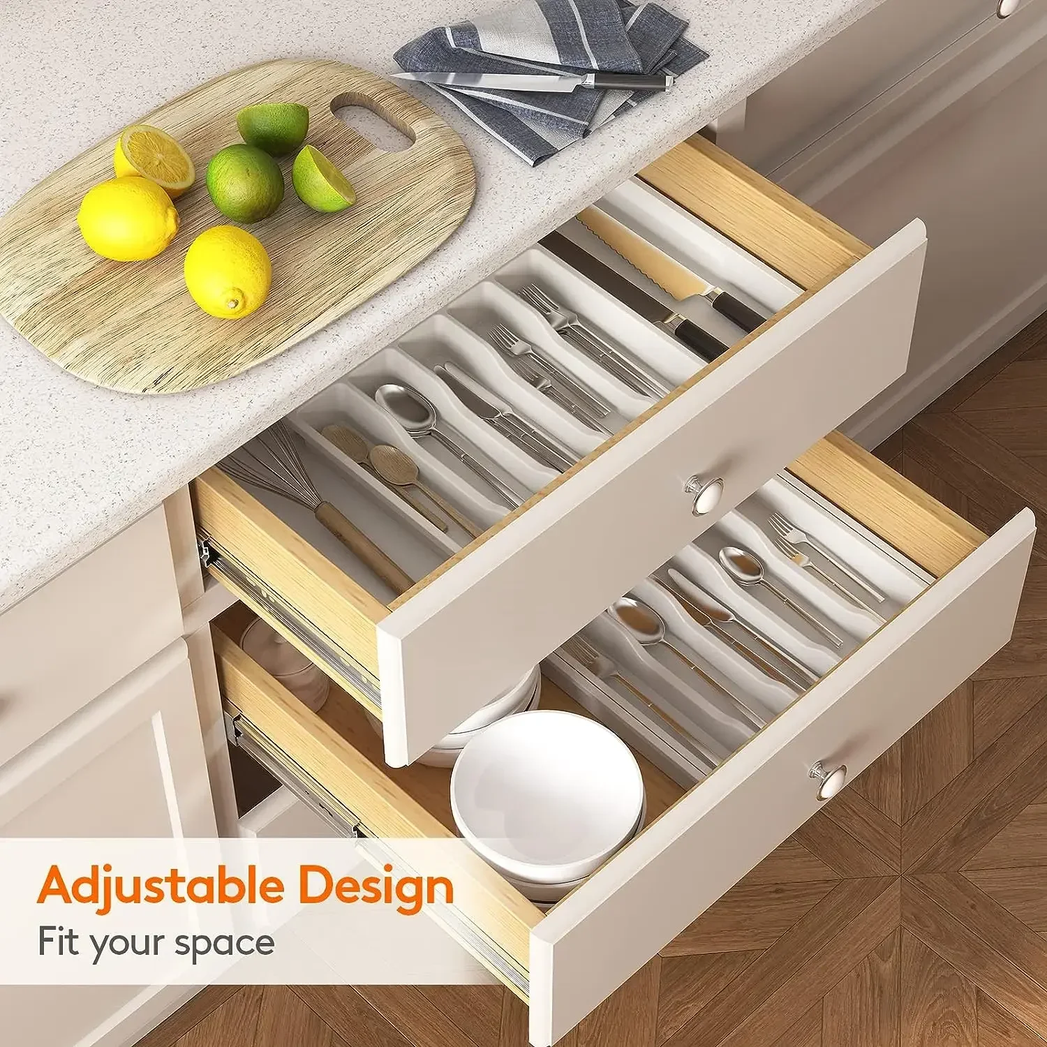 UpgradedAdjustable Cutlery Drawer Organizer Plastic Divided Storage Tray Space Saving Holder for Kitchen Knives Spoons Tableware