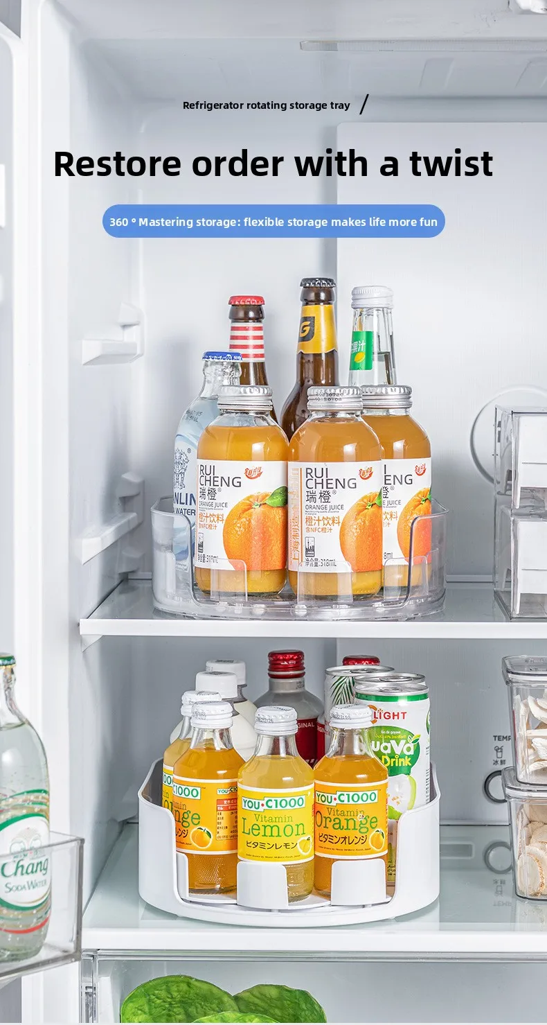 360 Rotating Refrigerator Storage Box Multifunctional Spice Organizer Simple Drink Tray for Kitchen Countertop