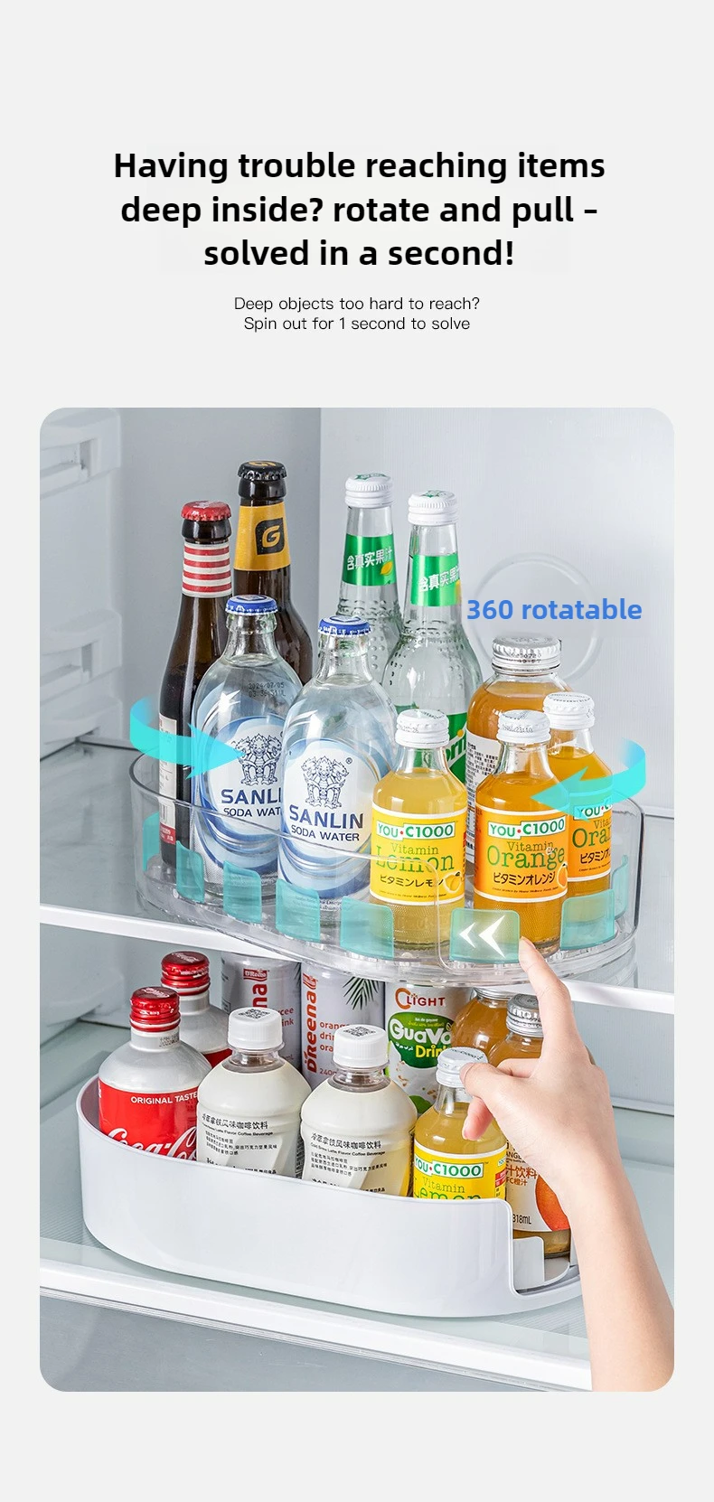 360 Rotating Refrigerator Storage Box Multifunctional Spice Organizer Simple Drink Tray for Kitchen Countertop