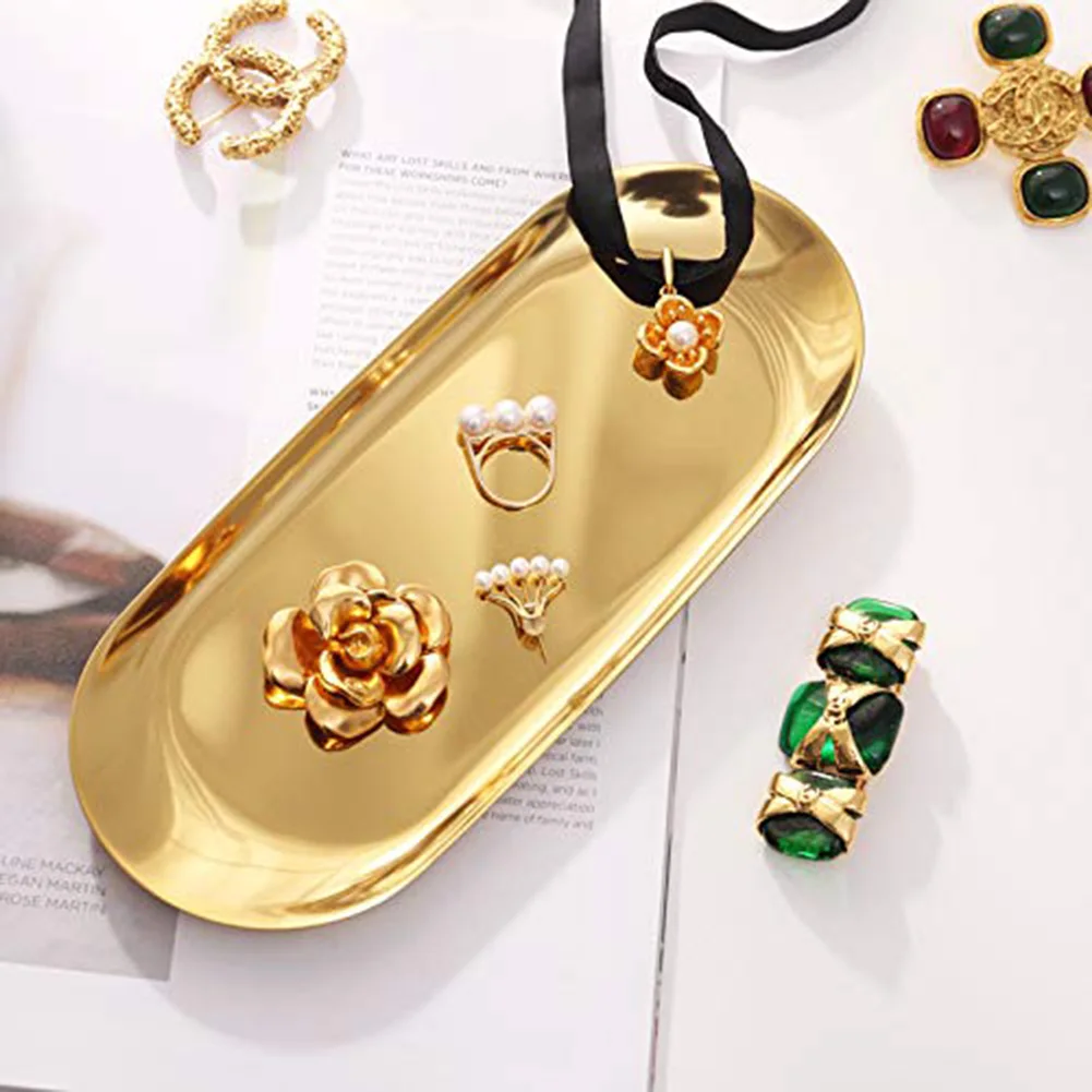 Stainless Steel Gold Storage Tray Fruit Jewelry Display Plate Kitchen Vanity Organizer Tools Metal Toilet Storage Rack