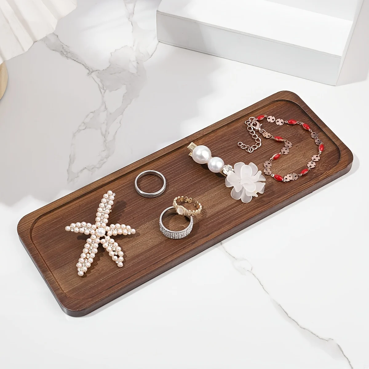 Vanity Trays Bathroom Counter Trays, Bamboo Soap Dispenser Tray Multi Use Bathroom Organizer for Perfume Candle Jewelry