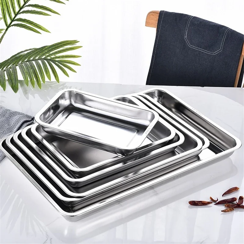 Stainless Steel Barbecue Tea Storage Serving Trays Rectangle Steamed Rice Sausage Plate Grill Meat Restaurant Metal Utensils