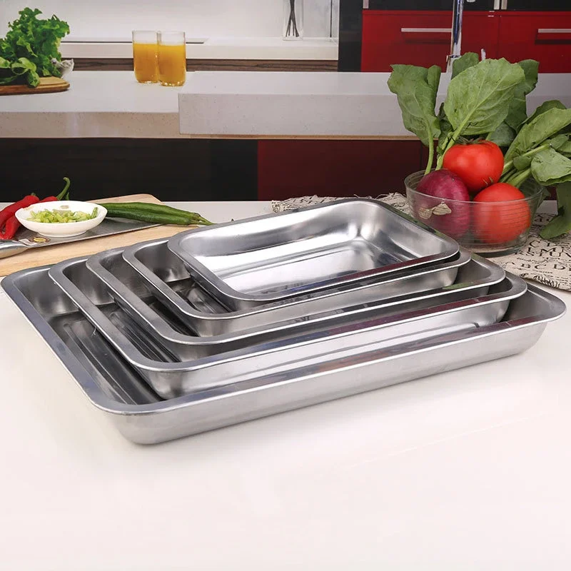 Stainless Steel Barbecue Tea Storage Serving Trays Rectangle Steamed Rice Sausage Plate Grill Meat Restaurant Metal Utensils